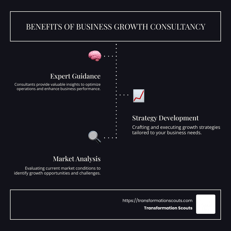 Infographic detailing benefits of business growth consultancy like expert guidance, strategy development, market analysis, operational excellence, and sustainable growth along with illustrative icons for each benefit - business growth consultancy infographic infographic-line-3-steps-dark