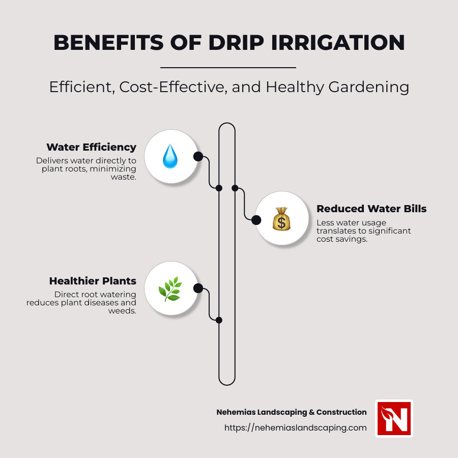 Benefits of drip irrigation infographic: Water efficiency, reduced water bills, healthier plants, automation - drip irrigation system installation infographic infographic-line-3-steps-neat_beige