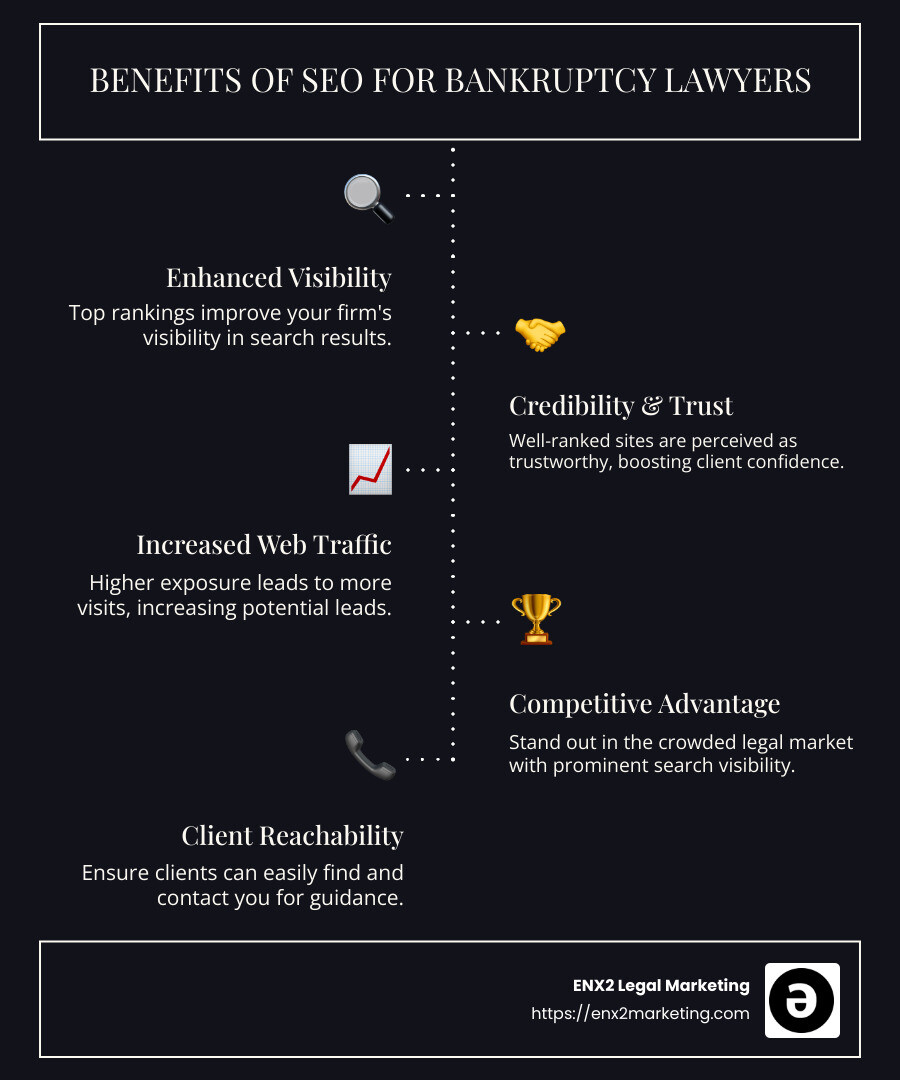 Infographic on SEO benefits for bankruptcy law firms clearly showing points like visibility, credibility, traffic, and competition - SEO for bankruptcy lawyers infographic infographic-line-5-steps-dark
