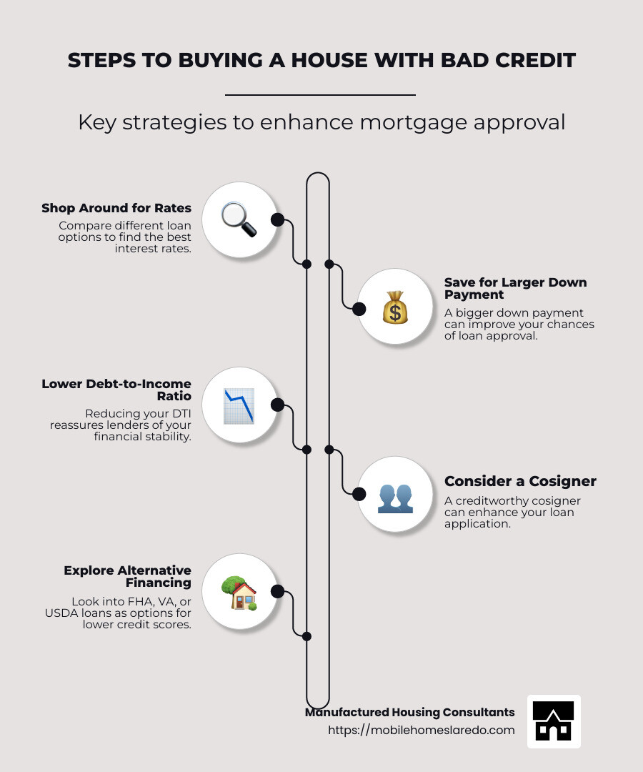 Infographic detailing steps to buy a house with bad credit, including: rate shopping, down payment strategies, lowering debt-to-income ratio, adding a cosigner, exploring alternative financing, and increasing savings to improve mortgage approval chances. - how to buy a house with bad credit infographic infographic-line-5-steps-neat_beige Infographic detailing steps to buy a house with bad credit, including: rate shopping, down payment strategies, lowering debt-to-income ratio, adding a cosigner, exploring alternative financing, and increasing savings to improve mortgage approval chances. - how to buy a house with bad credit infographic infographic-line-5-steps-neat_beige
