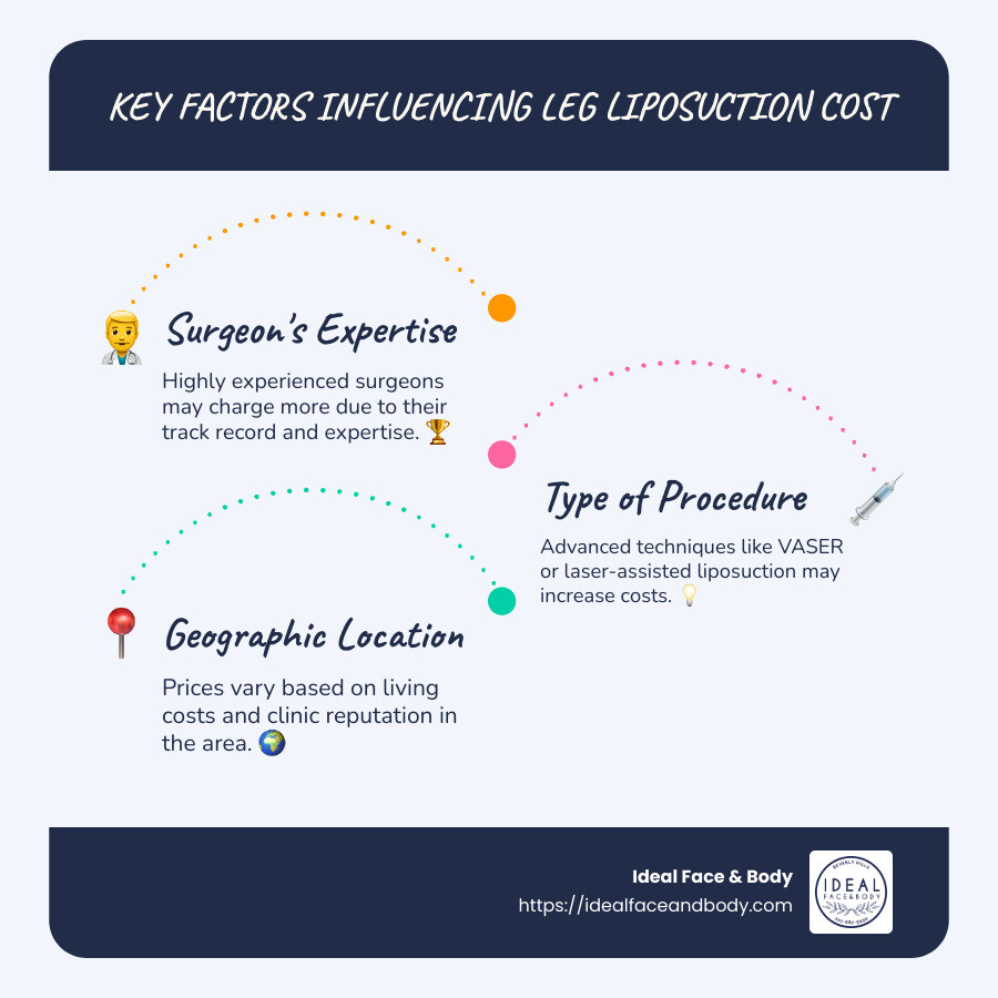 Infographic detailing average leg liposuction cost, key cost factors, and a comparison of traditional vs. advanced techniques, including visuals of targeted leg areas and potential results - leg liposuction cost infographic infographic-line-3-steps-blues-accent_colors
