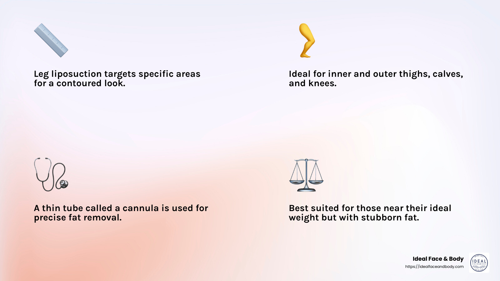 Liposuction procedures can target specific areas of the legs for a more contoured look. - leg liposuction cost infographic 4_facts_emoji_light-gradient