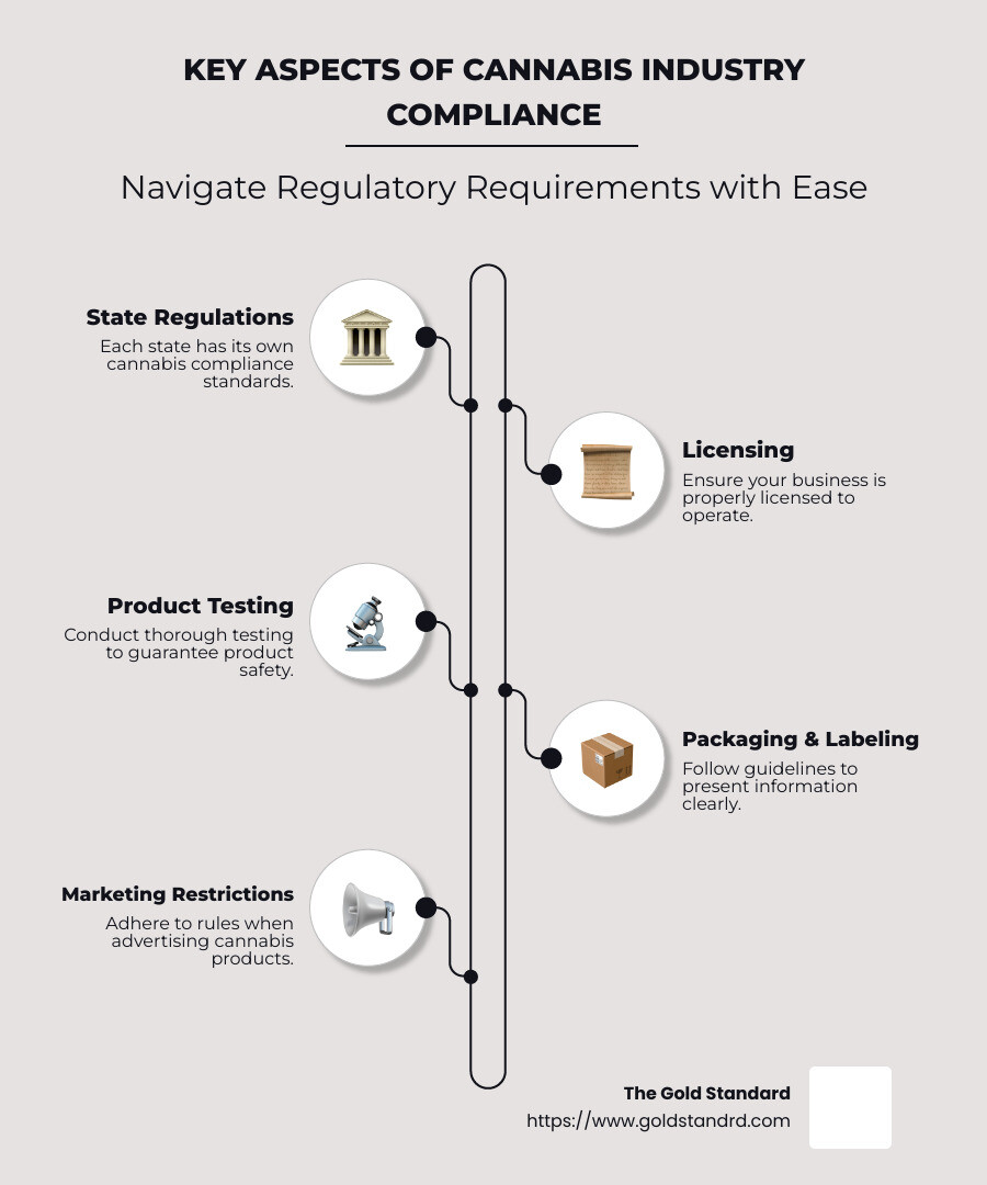 Detailed infographic outlining the key aspects of cannabis industry compliance, including state-specific regulations, licensing, testing, packaging, and marketing restrictions - cannabis industry compliance infographic infographic-line-5-steps-neat_beige