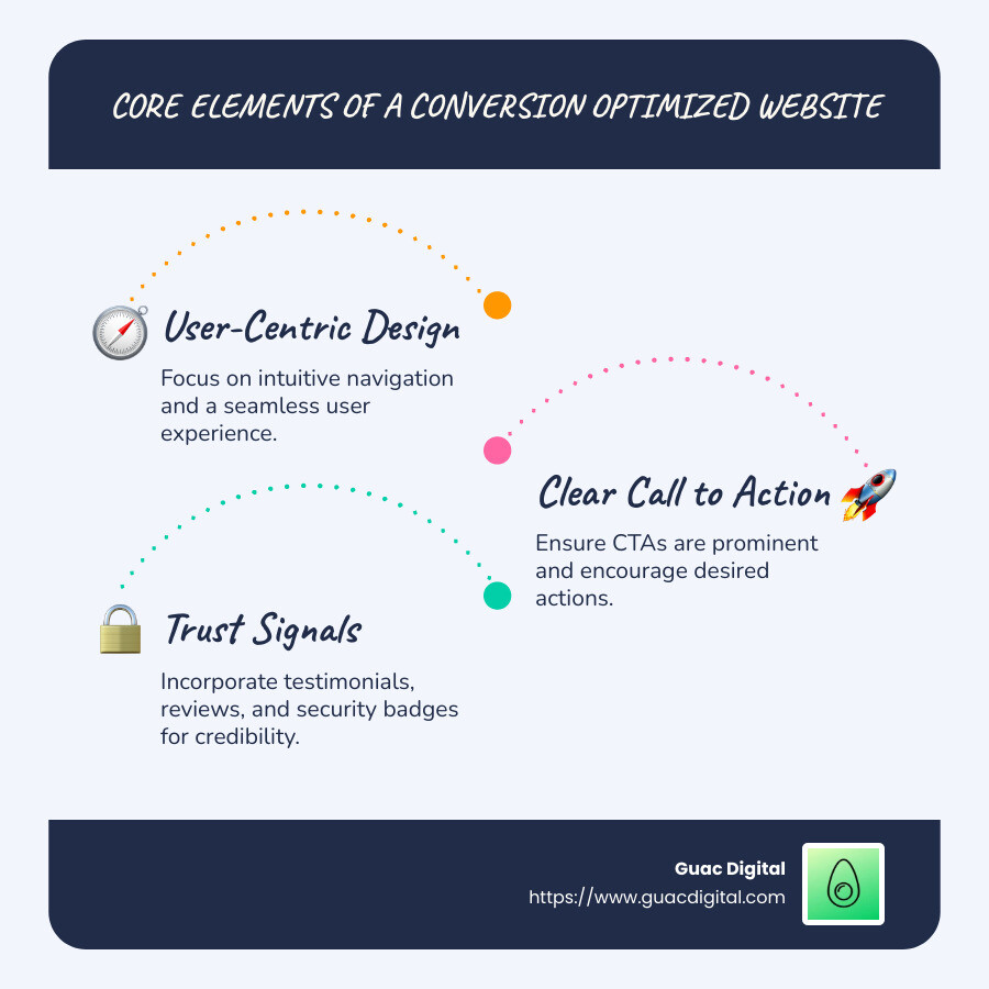 Core Elements of Conversion Optimization Website - conversion optimized website infographic infographic-line-3-steps-blues-accent_colors