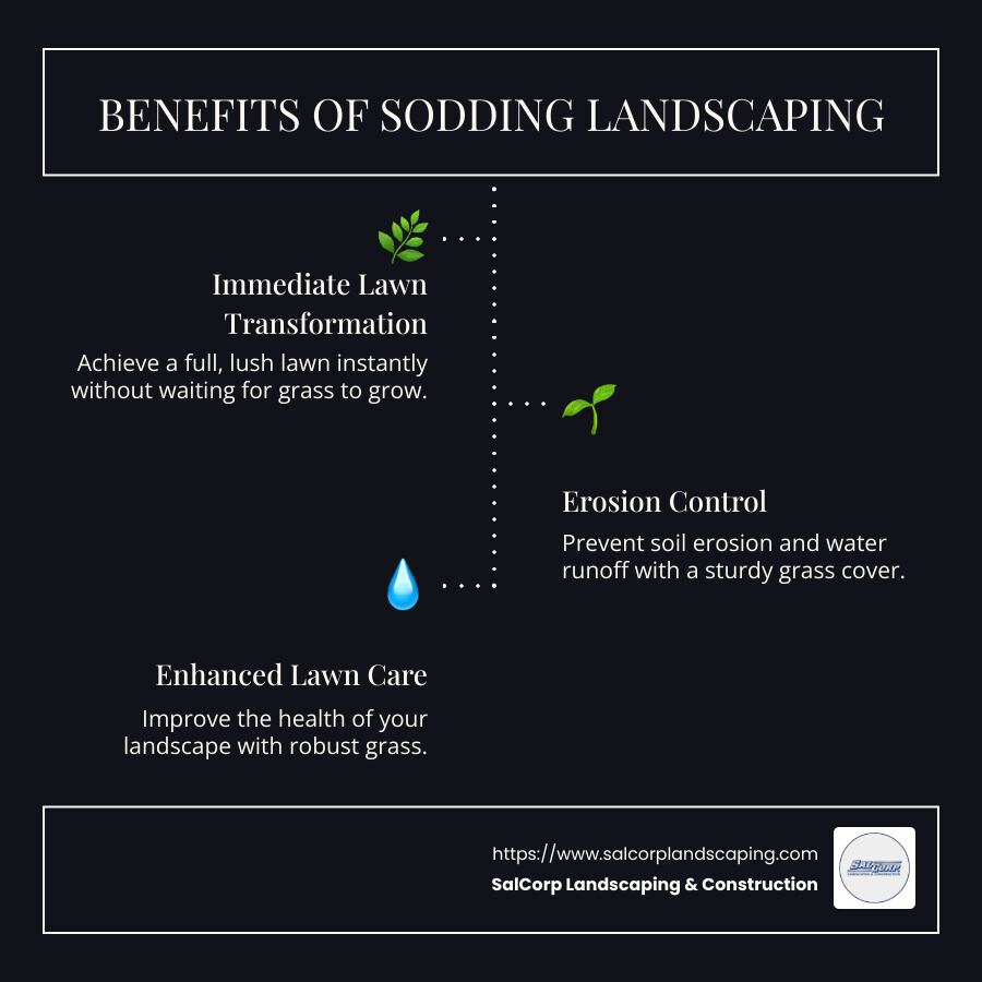 Comprehensive benefits of sodding landscaping, including lawn change, erosion control, and improved curb appeal - sodding landscaping infographic infographic-line-3-steps-dark