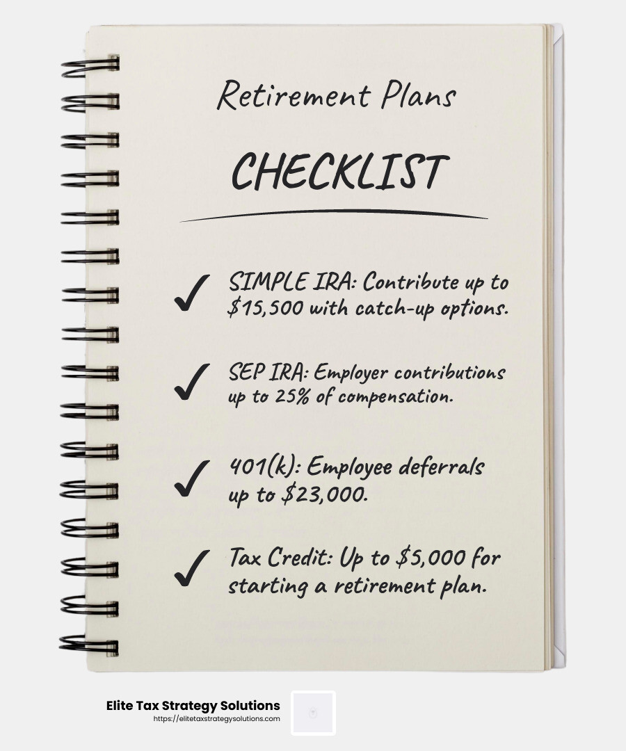Tax benefits of retirement plans - tax strategies for small business owners infographic checklist-notebook