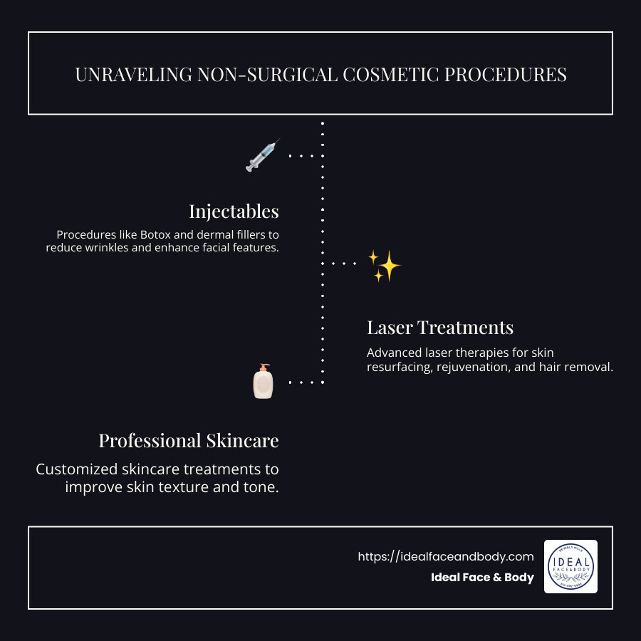 Non-Surgical Procedures infographic explaining injectables, laser treatments, and professional skincare with highlights on minimal downtime and non-invasive nature - Non-surgical cosmetic procedures infographic infographic-line-3-steps-dark