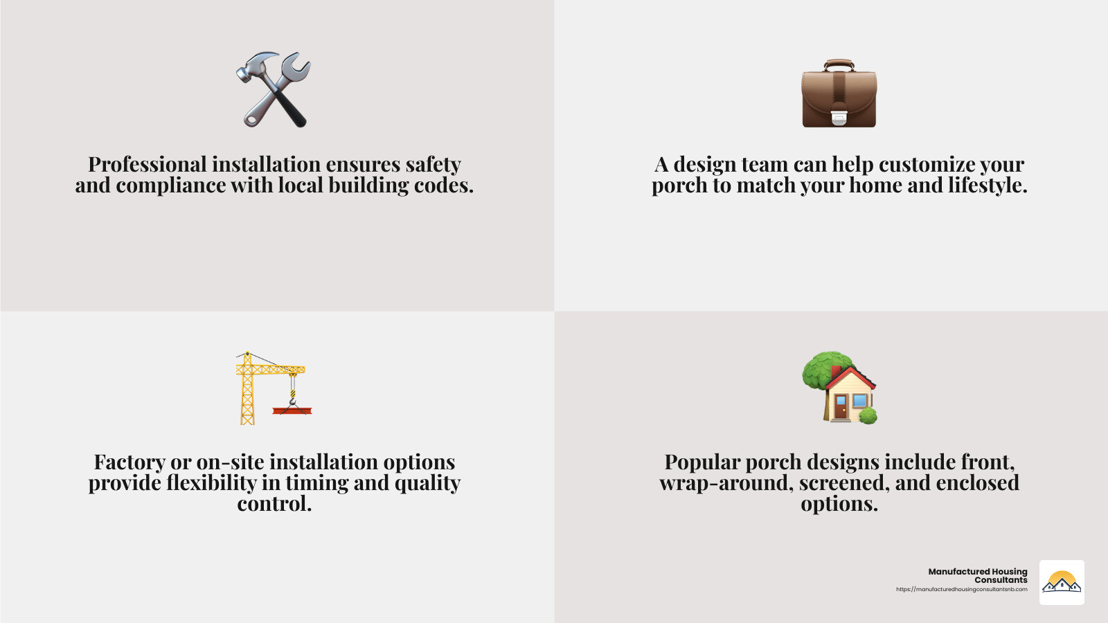 Professional installation ensures safety and compliance. - mobile homes with porches infographic 4_facts_emoji_grey Professional installation ensures safety and compliance. - mobile homes with porches infographic 4_facts_emoji_grey