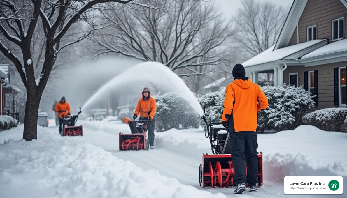 Professional snow removal team at work - snow removal service