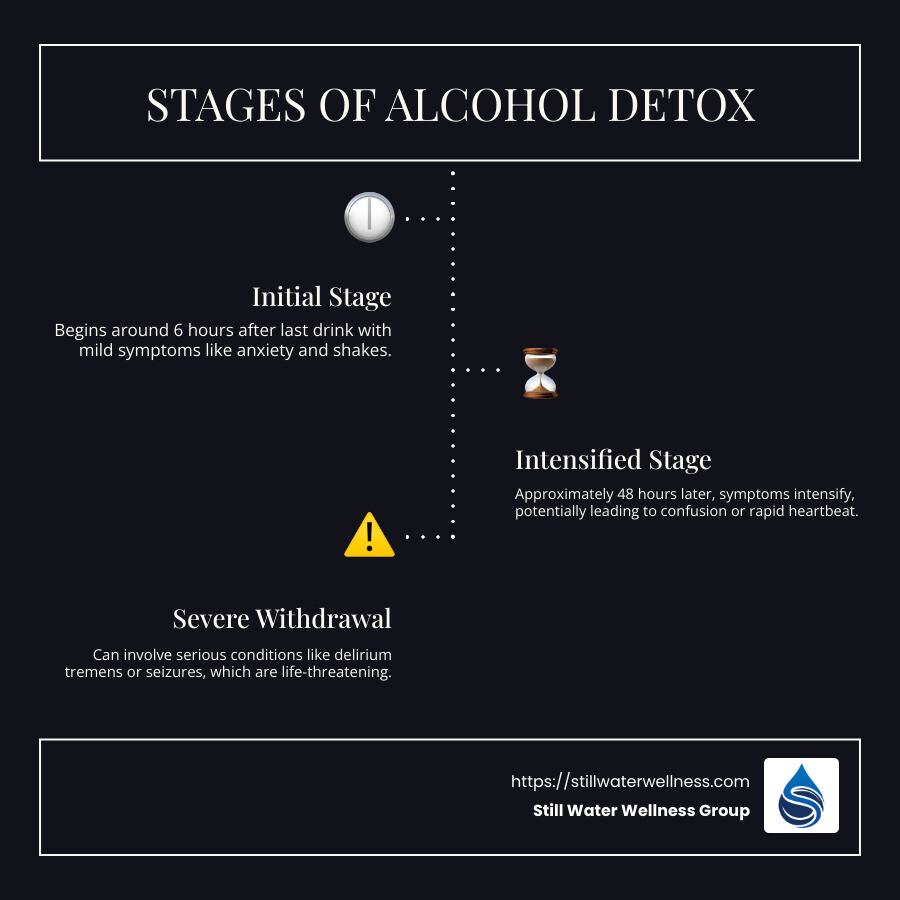 Infographic detailing stages and symptoms of alcohol detox - alcohol detox symptoms infographic infographic-line-3-steps-dark