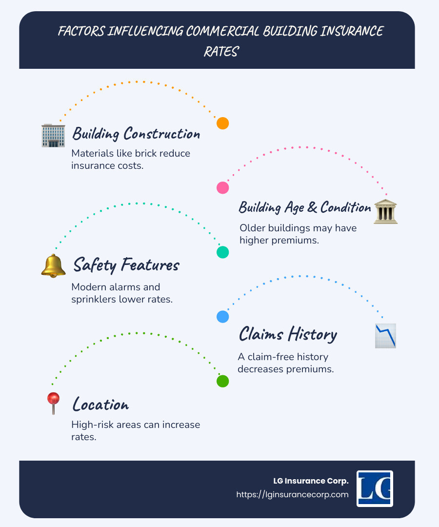 Detailed infographic on factors influencing commercial building insurance rates, including building construction material comparison, safety features checklist, claims history impact, and geographical location risk assessment - commercial building insurance rates infographic infographic-line-5-steps-blues-accent_colors