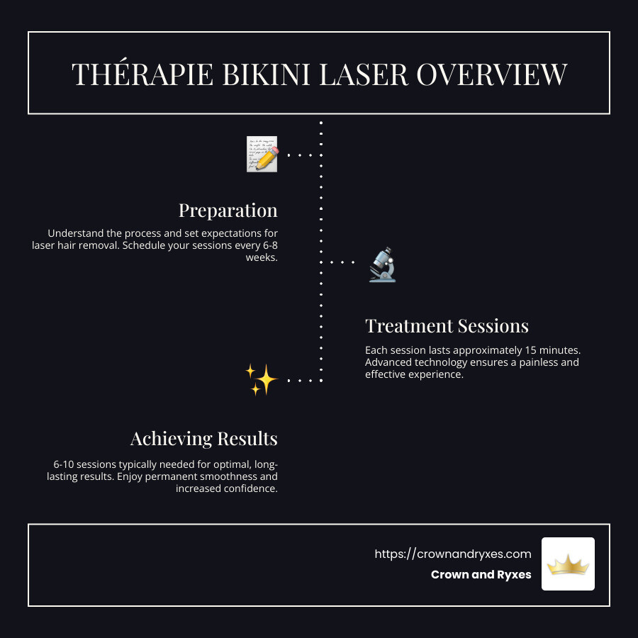 Infographic detailing the benefits and process of thérapie bikini laser: permanent results after 6-10 sessions, treatment length 15 minutes, frequency of sessions every 6-8 weeks - therapie bikini laser infographic infographic-line-3-steps-dark Infographic detailing the benefits and process of thérapie bikini laser: permanent results after 6-10 sessions, treatment length 15 minutes, frequency of sessions every 6-8 weeks - therapie bikini laser infographic infographic-line-3-steps-dark
