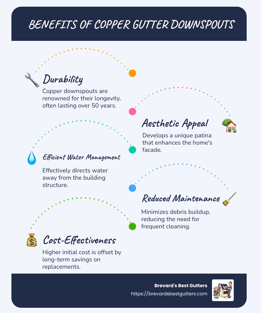 Infographic showing the benefits of copper gutter downspouts: durability, aesthetic appeal, water management, installation considerations, cost-effectiveness - copper gutter downspouts infographic infographic-line-5-steps-blues-accent_colors Infographic showing the benefits of copper gutter downspouts: durability, aesthetic appeal, water management, installation considerations, cost-effectiveness - copper gutter downspouts infographic infographic-line-5-steps-blues-accent_colors