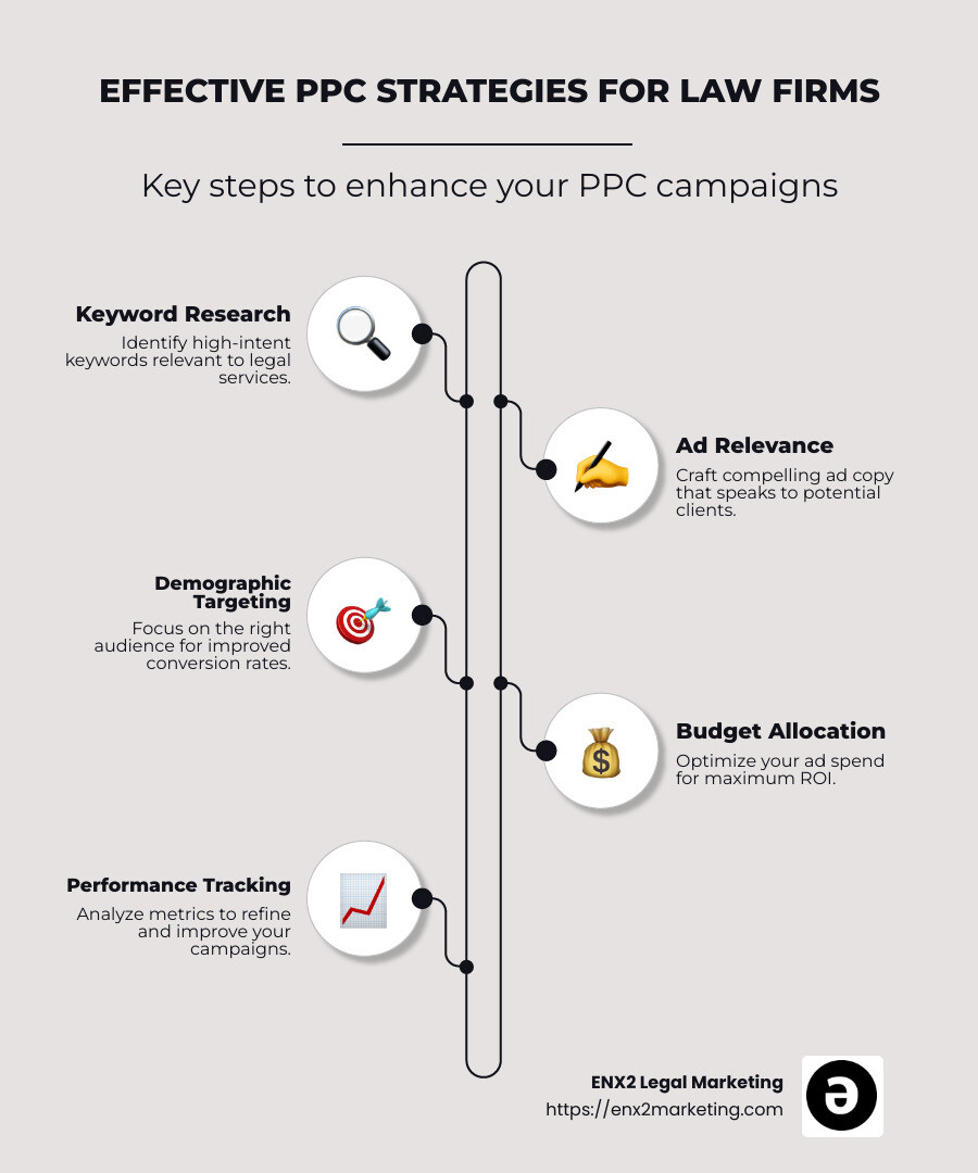 Effective PPC strategies infographic: detailing keywords, ad relevance, demographic targeting, budget allocation, and performance tracking - ppc management for law firms infographic infographic-line-5-steps-neat_beige
