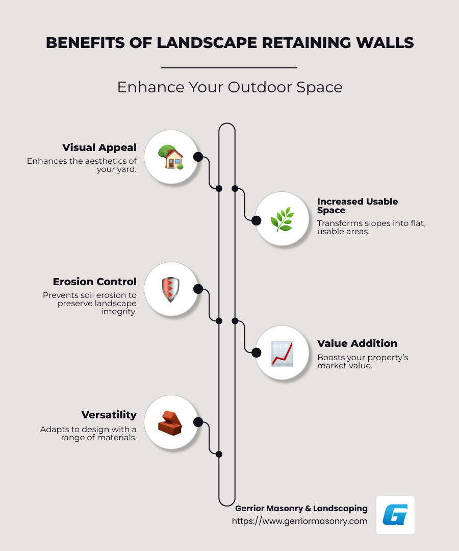 Infographic showing benefits of landscape retaining wall, with bullet points for visual appeal, increased usable space, erosion control, value addition, and versatility - Landscape retaining wall infographic infographic-line-5-steps-neat_beige