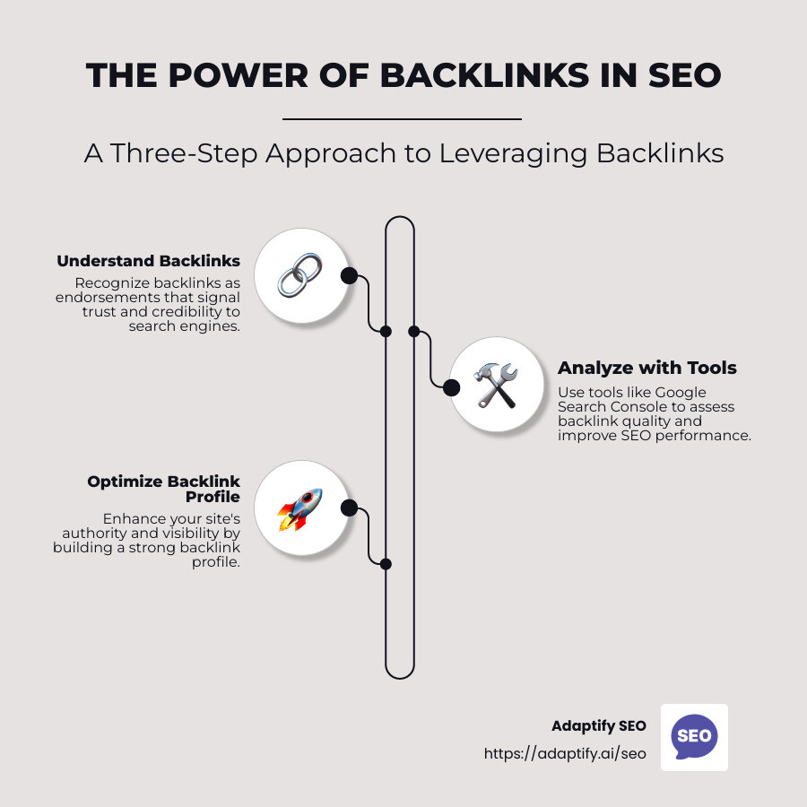Data visualizing the importance of backlinks in SEO, including their impact on search rankings, referral traffic, and how they serve as endorsements for content. - test backlinks infographic infographic-line-3-steps-neat_beige