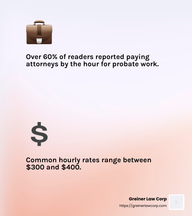 In a survey, over 60% of readers reported paying attorneys by the hour for probate work, with common rates between $300 and $400. - solicitors fees for dealing with probate infographic 2_facts_emoji_light-gradient