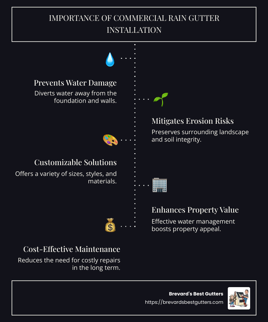 Infographic: Importance and Benefits of Commercial Rain Gutter Installation, featuring statistics and visuals on water flow, protection from water damage, customizable design options, and increased property value - commercial rain gutter installation infographic infographic-line-5-steps-dark