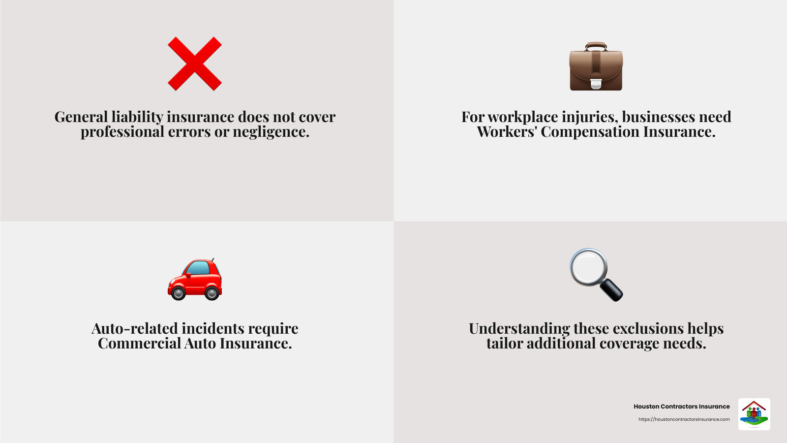 Understanding these exclusions helps you make informed decisions about additional coverage needs. - houston general liability infographic 4_facts_emoji_grey