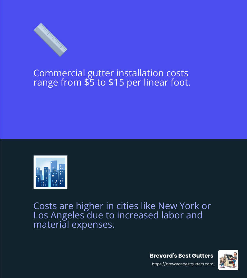 Average cost range for commercial gutter installation is $5 to $15 per linear foot. - commercial rain gutter installation infographic 2_facts_emoji_blue