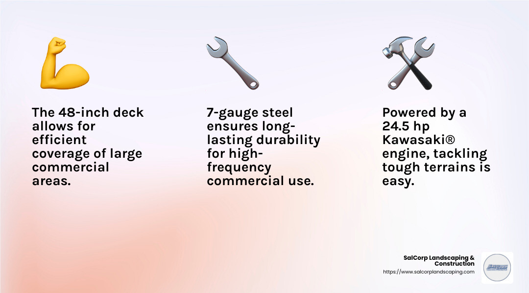 The 48 in. 7-Gauge High-Strength Steel TURBO FORCE® mower offers a balance of power and efficiency. - commercial landscaping equipment infographic 3_facts_emoji_light-gradient The 48 in. 7-Gauge High-Strength Steel TURBO FORCE® mower offers a balance of power and efficiency. - commercial landscaping equipment infographic 3_facts_emoji_light-gradient