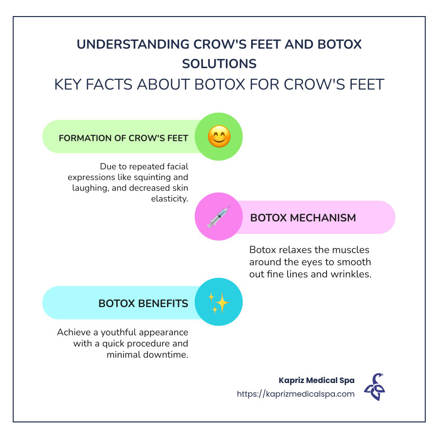 Infographic showing the formation of crow's feet and how Botox can smooth them - botox for crow's feet infographic infographic-line-3-steps-colors