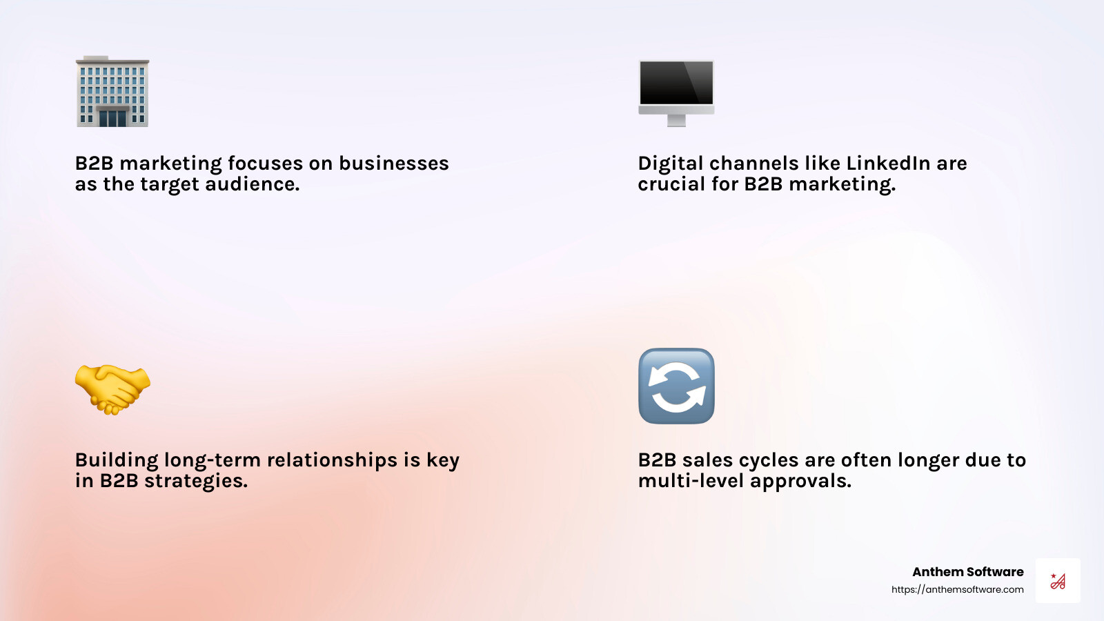 83082aa2786f3648775e402e6485eb82ea83620d B2B Digital Marketing: How to Make It Work for You Discover top strategies for digital marketing business to business success. Boost ROI and brand awareness with actionable insights today! Understanding the nuances of B2B and B2C marketing ensures that businesses can effectively reach their desired audience. - digital marketing business to business infographic 4_facts_emoji_light-gradient