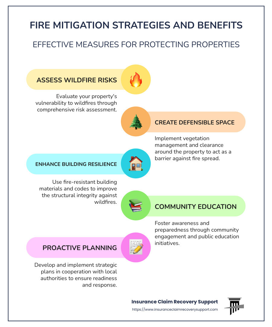 fire mitigation strategies and their benefits for properties at risk of wildfire - fire mitigation infographic infographic-line-5-steps-colors