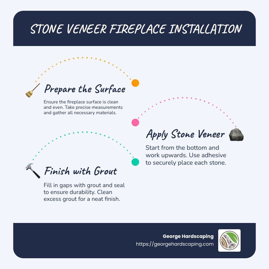 Step-by-step installation guide for stone veneer fireplaces, focusing on lightweight materials, visual appeal, and easy DIY options in a concise infographic - Stone veneer fireplace installation infographic infographic-line-3-steps-blues-accent_colors