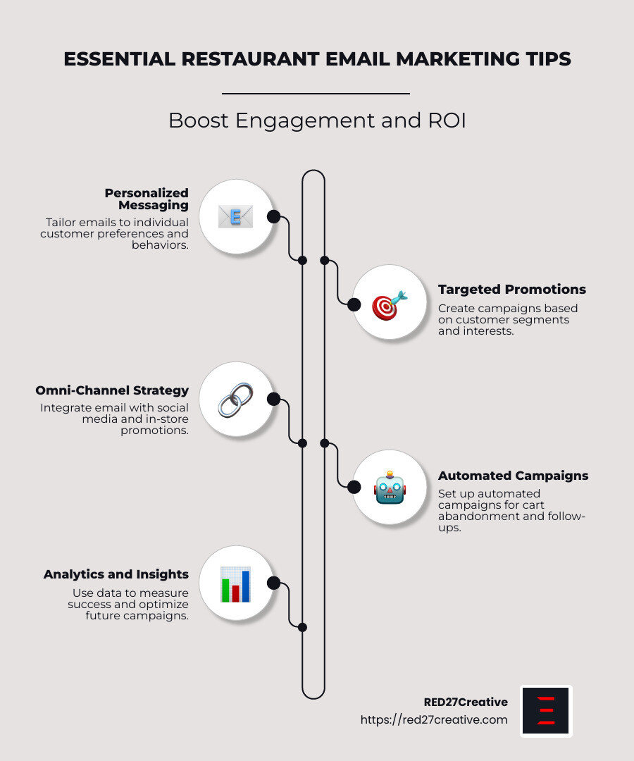 From Subject to Success: Restaurant Email Marketing Tips • Restaurant email marketing tips • RED27Creative Key Email Marketing Strategies Infographic - Restaurant email marketing tips infographic infographic-line-5-steps-neat_beige