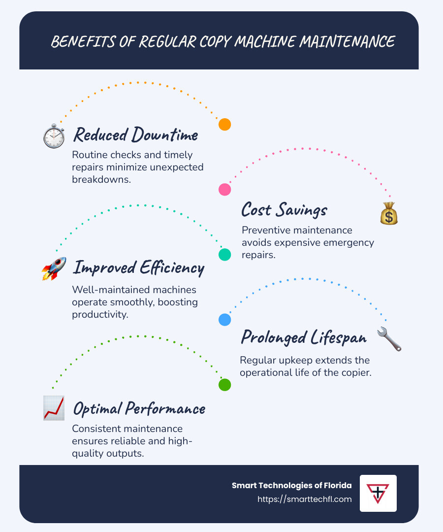 Copy Machine Repair 101: Keep Your Equipment Running 1 Illustration of benefits of regular copy machine maintenance: reduced downtime, cost savings, improved efficiency - copy machine repair infographic infographic-line-5-steps-blues-accent_colors