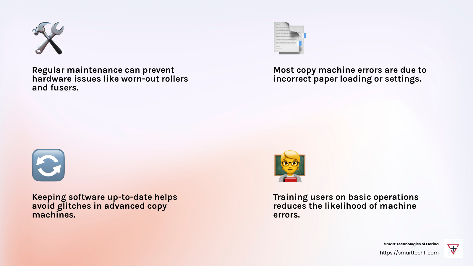 Copy Machine Repair 101: Keep Your Equipment Running 2 Understanding error codes can save time and prevent downtime. - copy machine repair infographic 4_facts_emoji_light-gradient