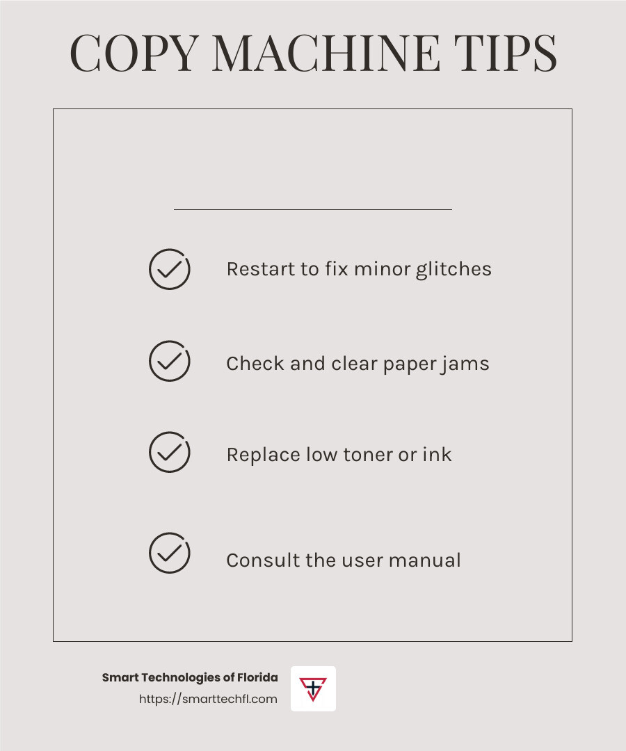 Copy Machine Repair 101: Keep Your Equipment Running 3 Regular maintenance can prevent many copier issues before they start, ensuring smooth operation and reducing downtime. - copy machine repair infographic checklist-light-beige