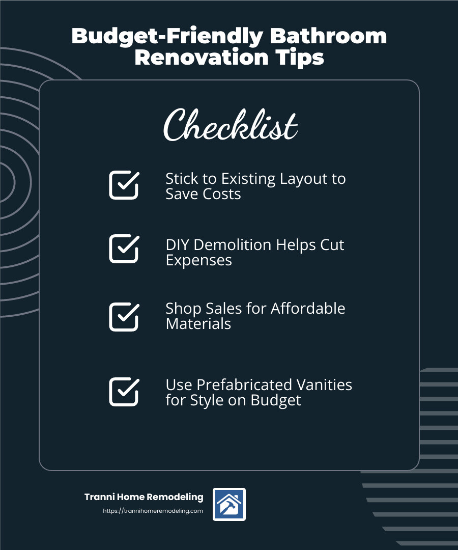 Example of a $10,000 bathroom renovation - master bathroom remodel infographic checklist-dark-blue