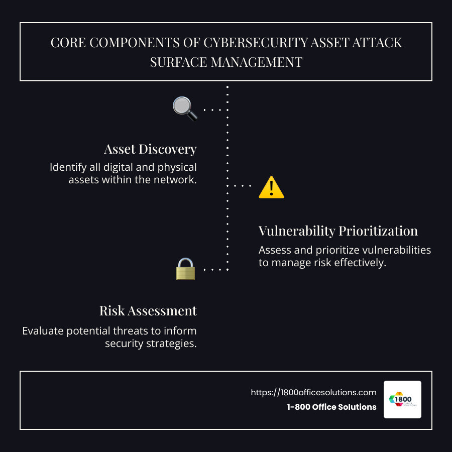 Infographic showing the components of cybersecurity asset attack surface management including asset findy, vulnerability prioritization, and risk assessment processes. - cybersecurity asset attack surface management infographic infographic-line-3-steps-dark