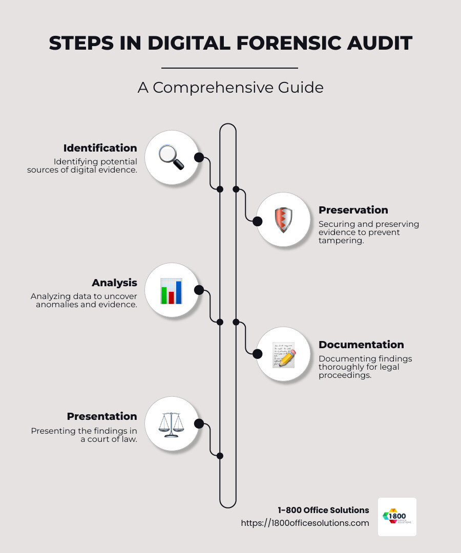 Infographic detailing the process of digital forensic audits, highlighting steps involved and benefits, with icons for digital tools, magnifying glass over graphs, and a gavel to signify legal proceedings. - digital forensic audit infographic infographic-line-5-steps-neat_beige Infographic detailing the process of digital forensic audits, highlighting steps involved and benefits, with icons for digital tools, magnifying glass over graphs, and a gavel to signify legal proceedings. - digital forensic audit infographic infographic-line-5-steps-neat_beige