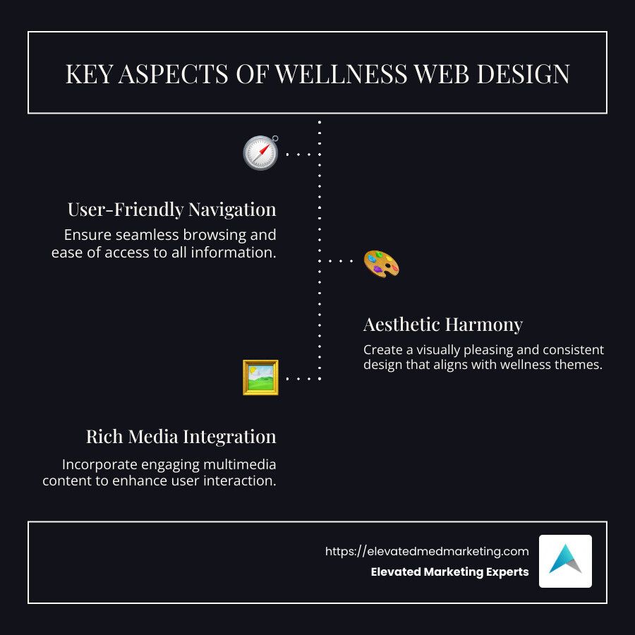 Key Aspects of Wellness Web Design: Infographic showing elements like user-friendly navigation, aesthetic harmony, e-commerce features, and rich media - wellness web design infographic infographic-line-3-steps-dark