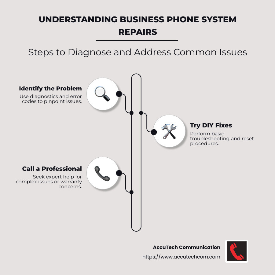 Infographic detailing common phone system issues and troubleshooting steps - business phone system repairs infographic infographic-line-3-steps-neat_beige