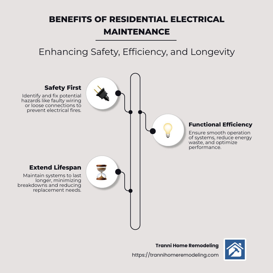 Detailed infographic showing benefits of residential electrical maintenance, listing specific areas it impacts like safety, functionality, and longevity, with visual icons of electrical components and tools used in maintenance processes. - residential electrical maintenance infographic infographic-line-3-steps-neat_beige