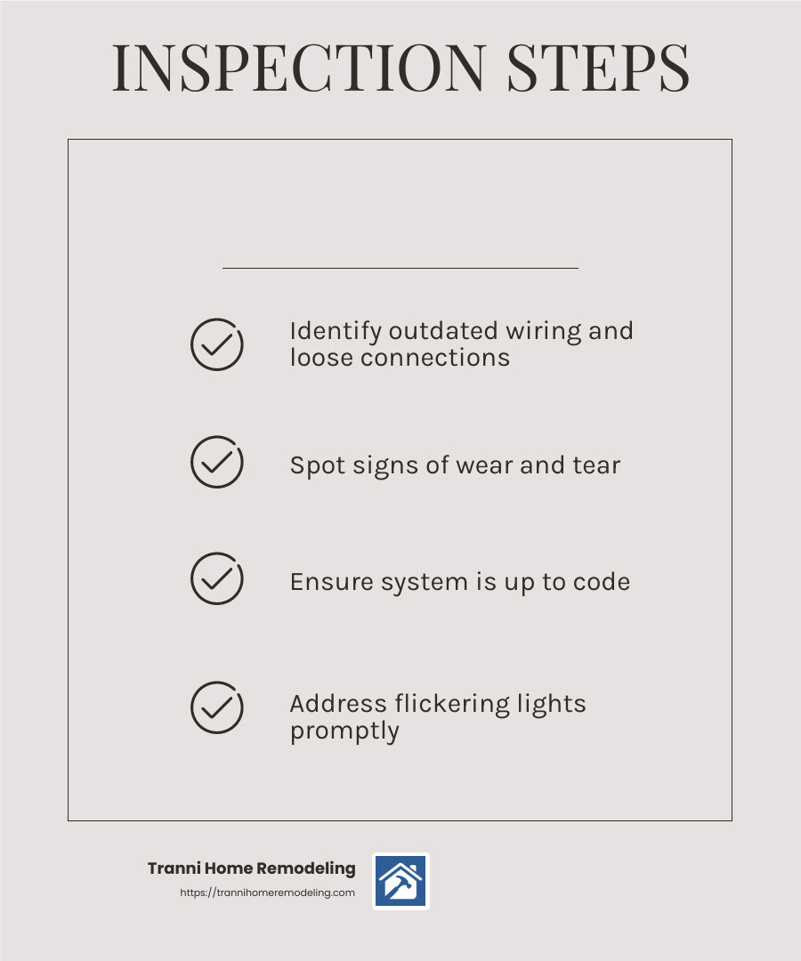 Regular safety inspections prevent electrical hazards and ensure system functionality - residential electrical maintenance infographic checklist-light-beige