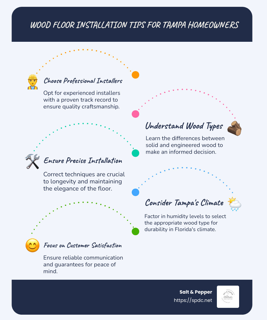 Overview of top wood floor installation tips for Tampa homeowners - wood floor installation tampa infographic infographic-line-5-steps-blues-accent_colors