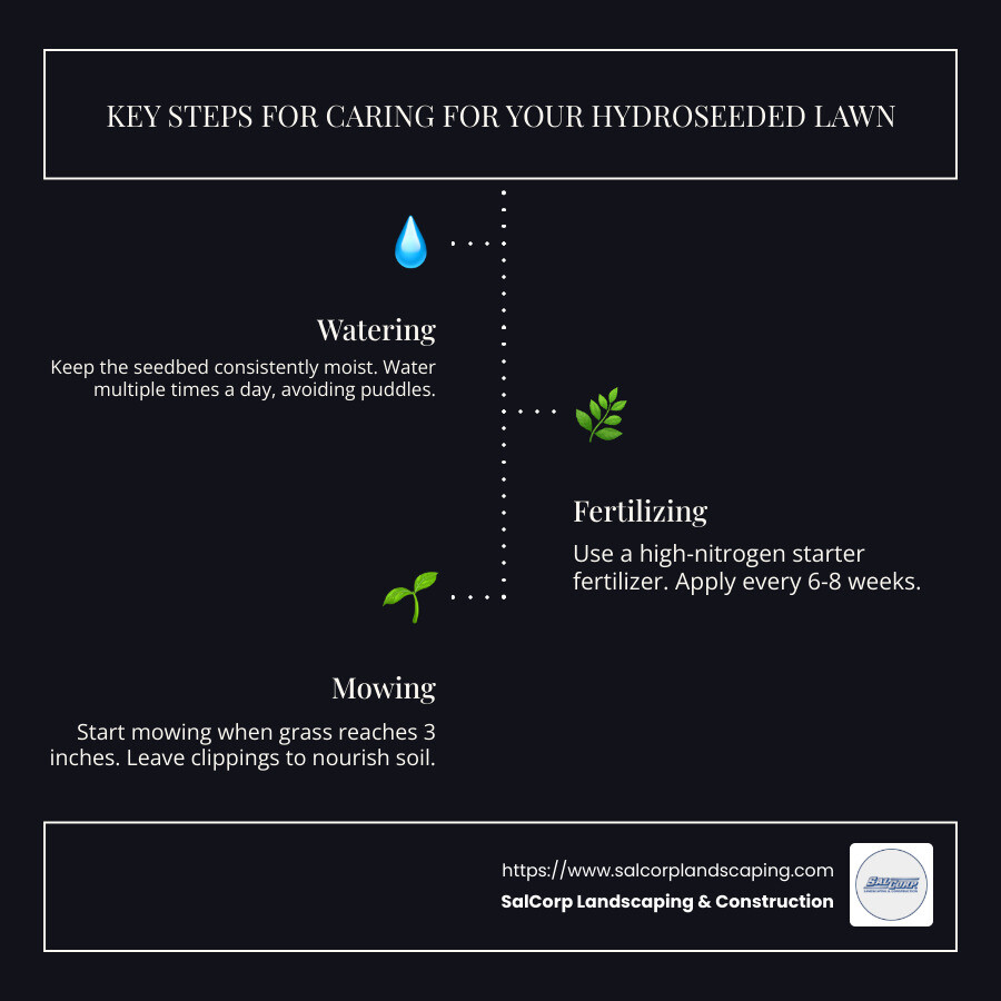 Infographic on Lawn Care Steps After Hydroseeding - how to care for lawn after hydroseeding infographic infographic-line-3-steps-dark