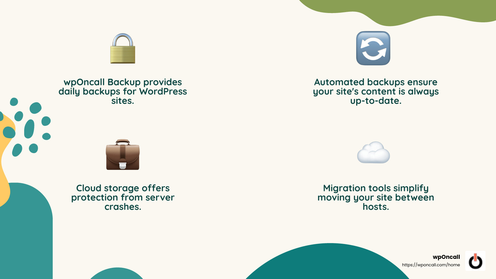 wpOncall ensures site security with daily backups and updates. - WordPress backup services infographic 4_facts_emoji_nature