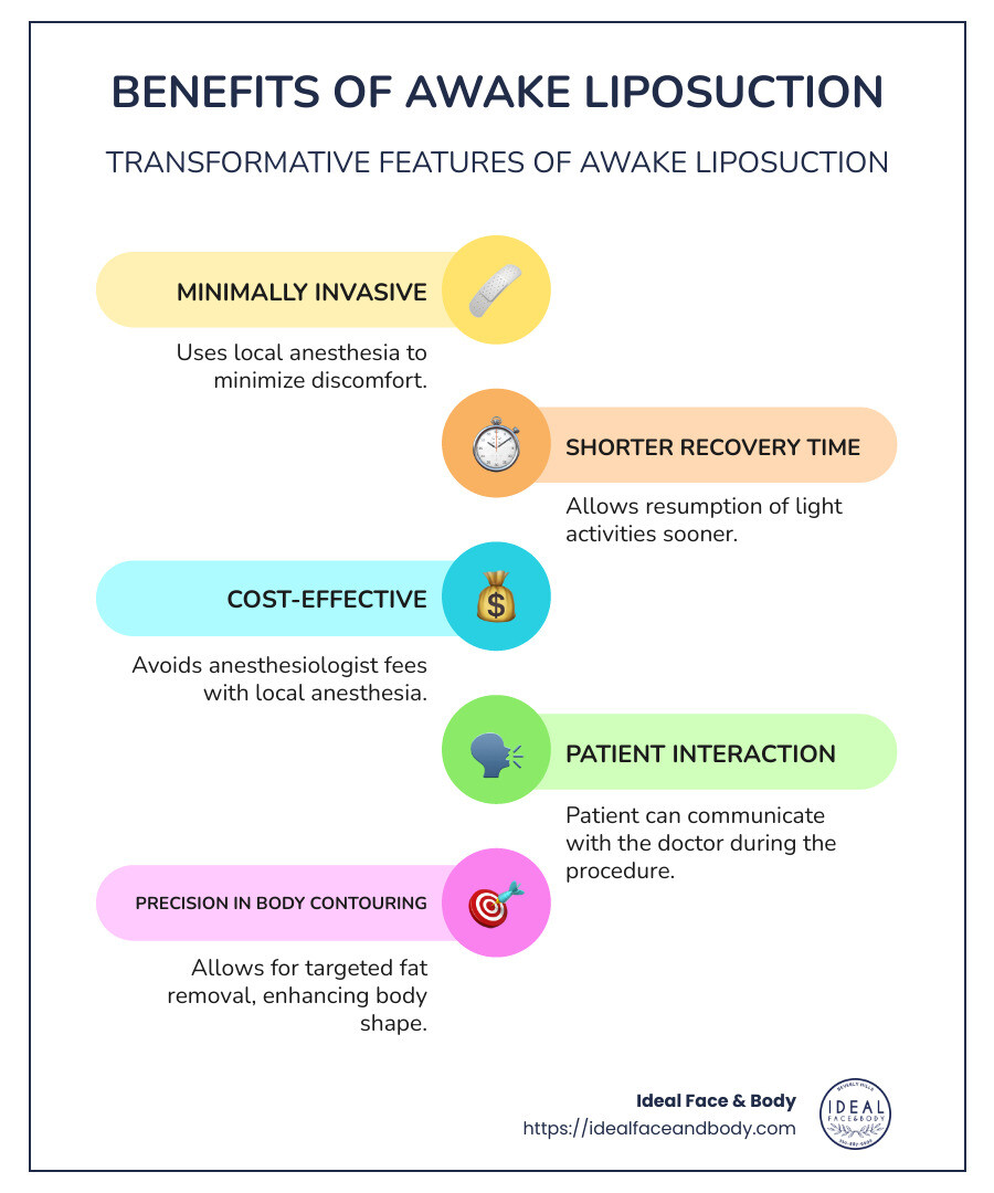 Benefits and Features of Awake Liposuction including minimal downtime, cost-effectiveness, and precision in body contouring. - awake liposuction near me infographic infographic-line-5-steps-colors