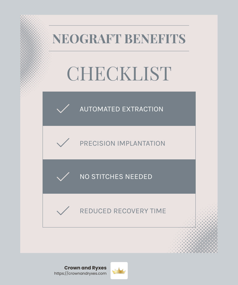 NeoGraft Technology Benefits - hair implants near me infographic checklist-light-blue-grey