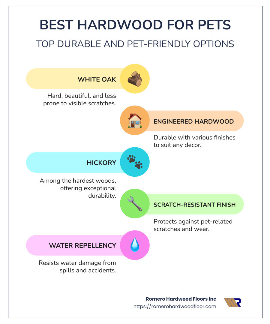 Detailed infographic showing types of hardwood flooring suitable for pets, highlighting their benefits, durability, and maintenance ease, with images and brief descriptions for each type - Best hardwood for pets infographic infographic-line-5-steps-colors