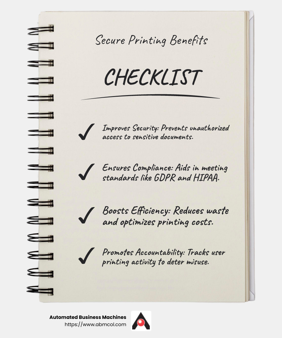 Secure printing services offer improved security, regulatory compliance, operational efficiency, user accountability, and environmental benefits. - Secure printing services infographic checklist-notebook