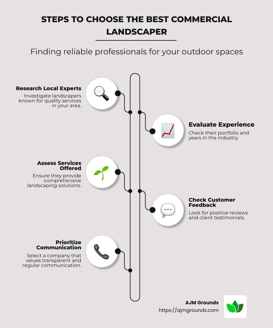 Your Local Landscape: How to Choose the Best Commercial Landscapers Near You Infographic summarizing steps to choose the best commercial landscaper, including research, expertise, and client feedback - commercial landscapers near me infographic infographic-line-5-steps-neat_beige