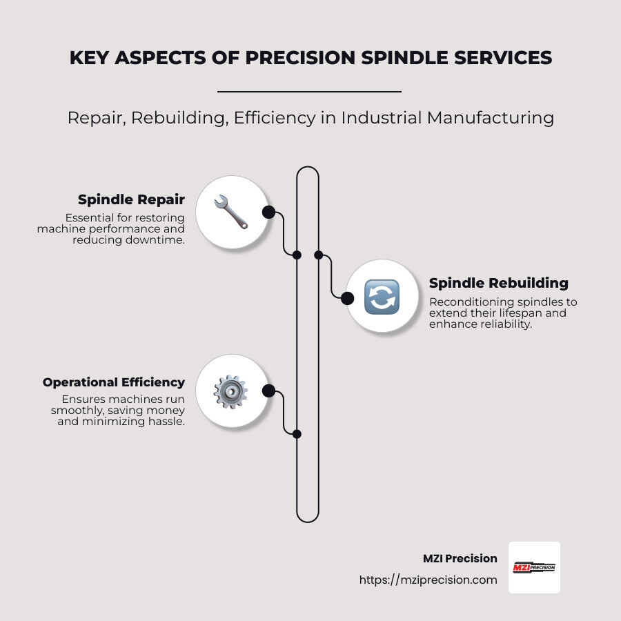 Key aspects of precision spindle services: repair, rebuilding, efficiency in industrial manufacturing - Precision Spindle Services infographic infographic-line-3-steps-neat_beige