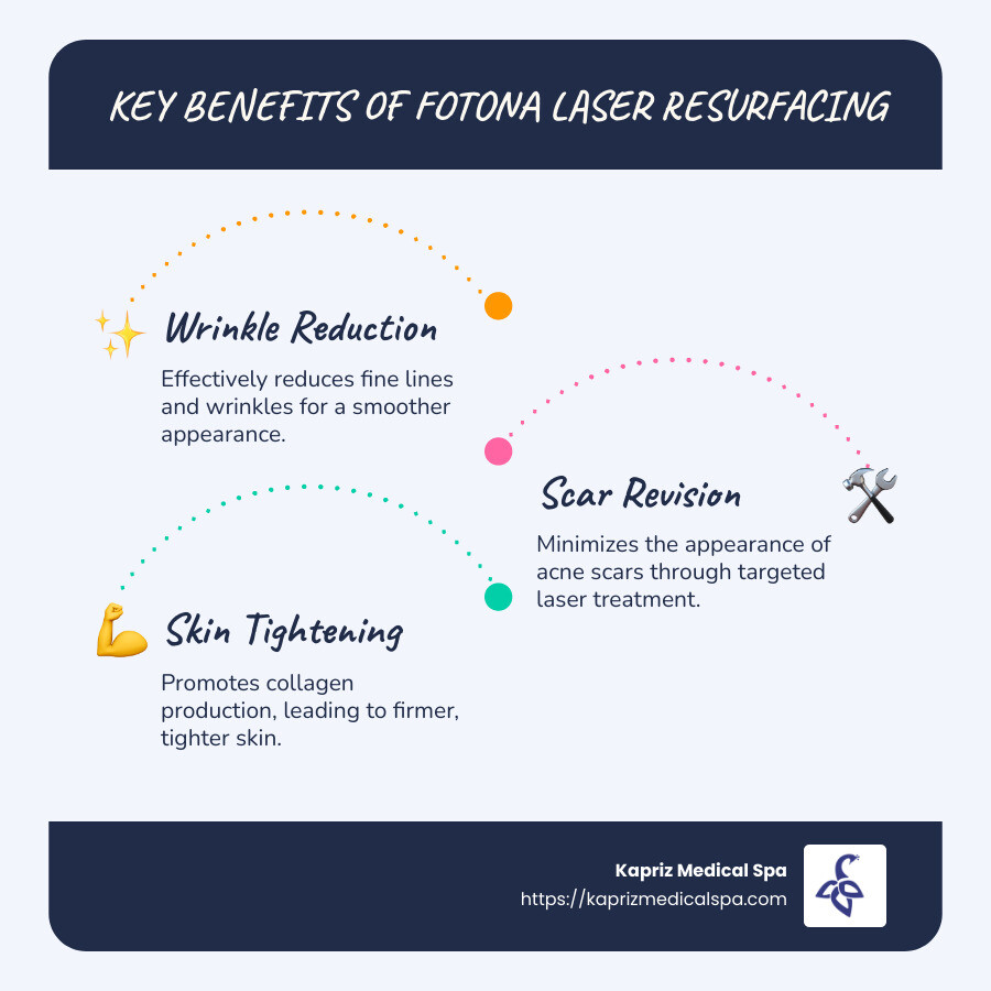 Infographic highlighting the benefits of Fotona laser resurfacing including wrinkle reduction, scar revision, and skin tightening, separated into easy-to-read bullet points - fotona laser skin resurfacing infographic infographic-line-3-steps-blues-accent_colors